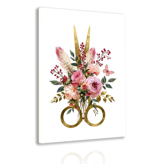 Watercolor floral hairdressing scissors wall art decoration canvas frame, pink peony and butterfly poster, suitable for salons, hairdressers and barbers, studios and home décor.