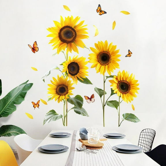 Watercolor flower stickers,Plant wall stickers, sunflower stickers, Daisy wall stickers, butterfly wall stickers Transparent decal DIY Peel and Stick Living Room Bedroom Office Wall Decor glass decal