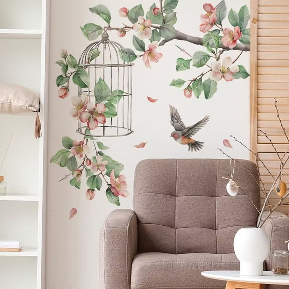 Watercolor flower stickers, cage bird stickers, plant stickers, branch and bird wall stickers, children's room stickers, bathroom waterproof stickers, door, living room, TV wall stickers