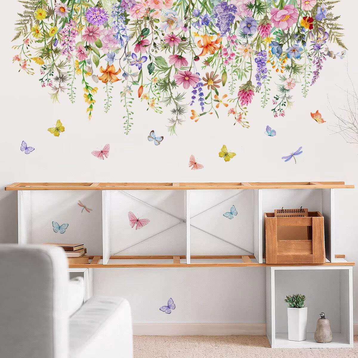 Watercolor flower stickers, flower and butterfly wall stickers, Daisy stickers, Peel and Stick Hanging Flower Plants Wall Decals for Bedroom Living Room Office Classroom Wall Décor