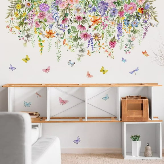 Watercolor flower stickers, flower and butterfly wall stickers, Daisy stickers, Peel and Stick Hanging Flower Plants Wall Decals for Bedroom Living Room Office Classroom Wall Dcor