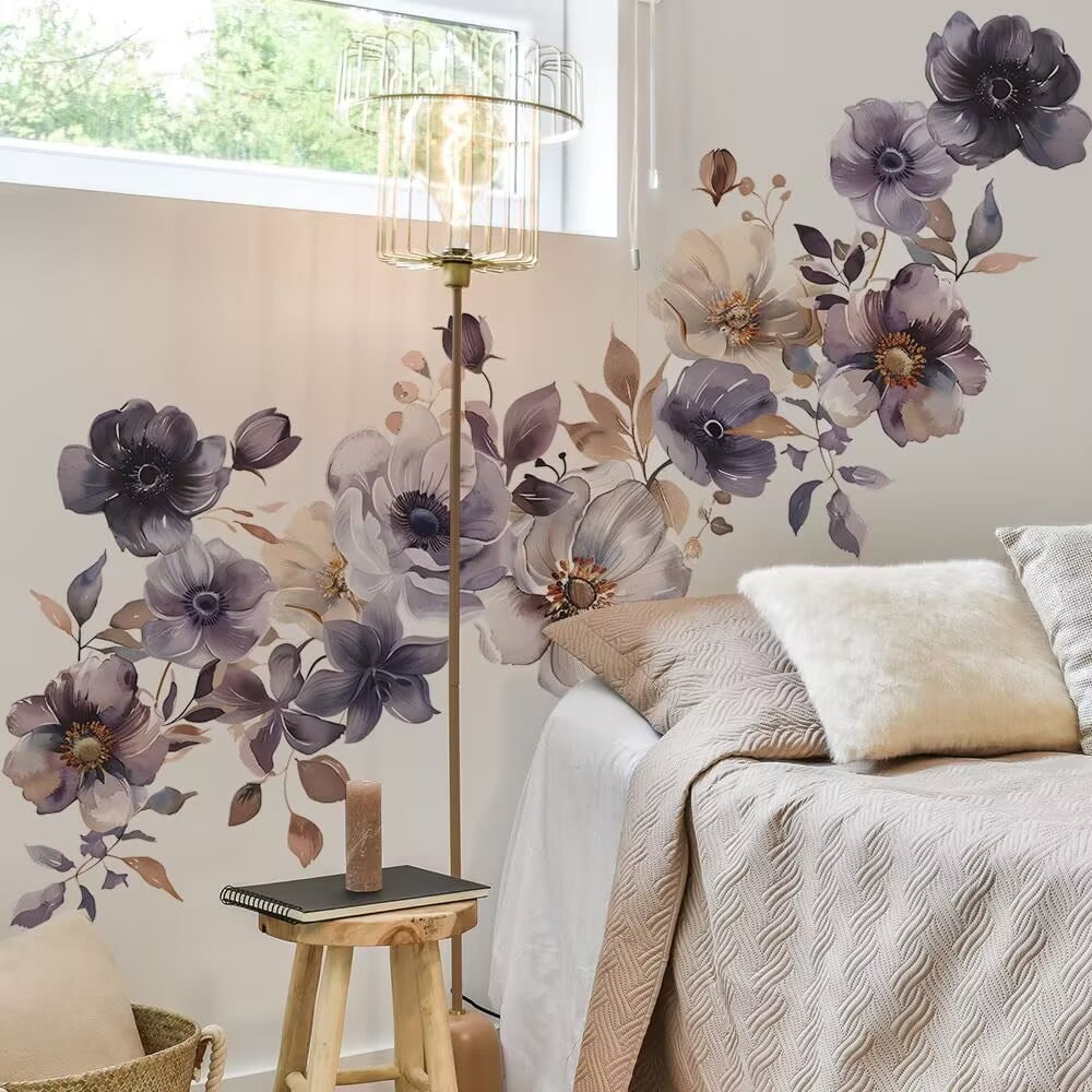 Watercolor flower stickers, plant decals, peony flower stickers, pink flower wall stickers, children's room stickers, bathroom waterproof decals, door, living room, TV wall decals Peel and Stick