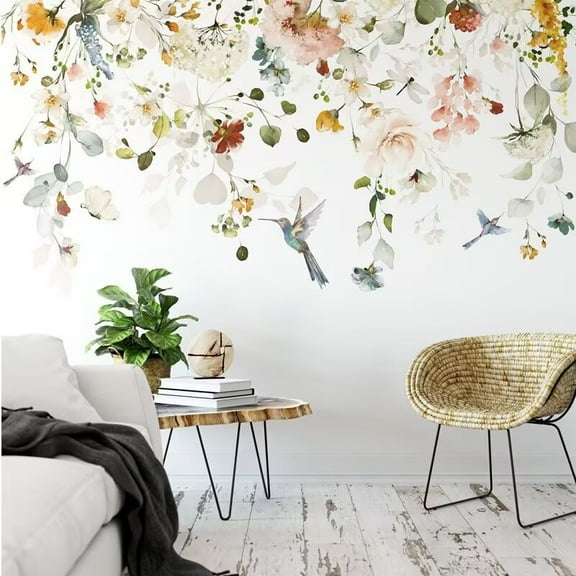 Watercolor flower stickers, plant flower and butterfly stickers, flower posters, plant flower decals, children's room stickers, bathroom waterproof decals, door, living room, TV wall decals Peel and