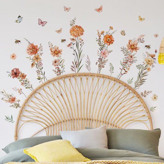 Watercolor flower wall stickers, yellow flower stickers, plant stickers and butterfly stickers Peel and Stick,DIY Removable for Girls Room, Toddler Room, Bedroom, Classroom, Nursery Decor