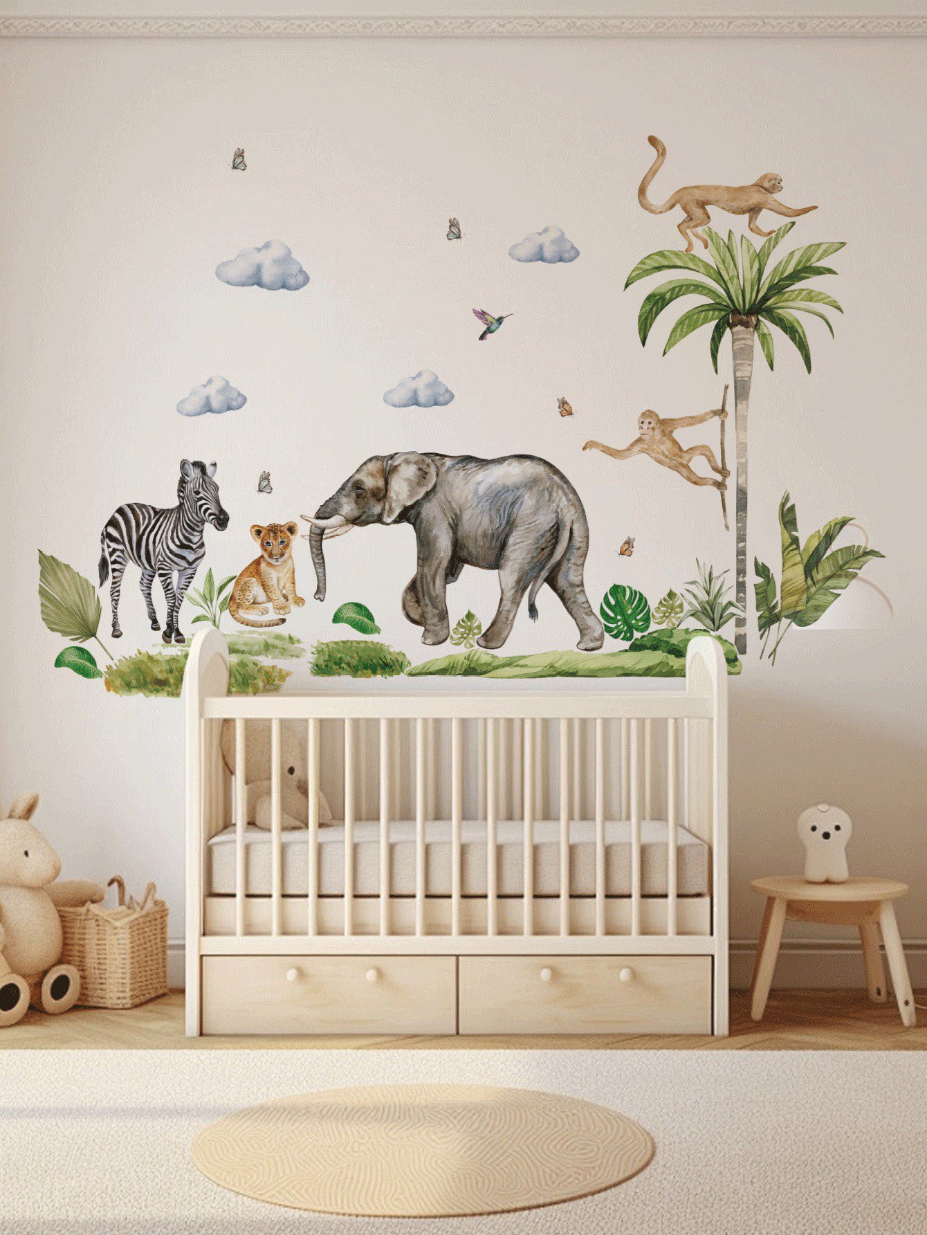 Watercolor forest animal stickers, Elephant wall decals, jungle plant ...