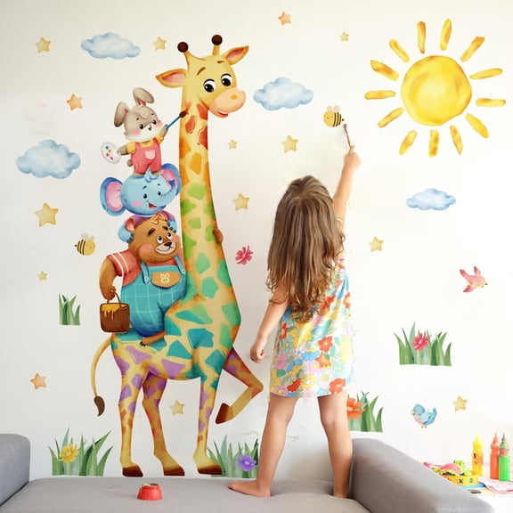Watercolor giraffe decals, forest animal stickers, bear stickers, transparent stickers, DIY Living room Bedroom stickers, wall decals, kitchen wall stickers