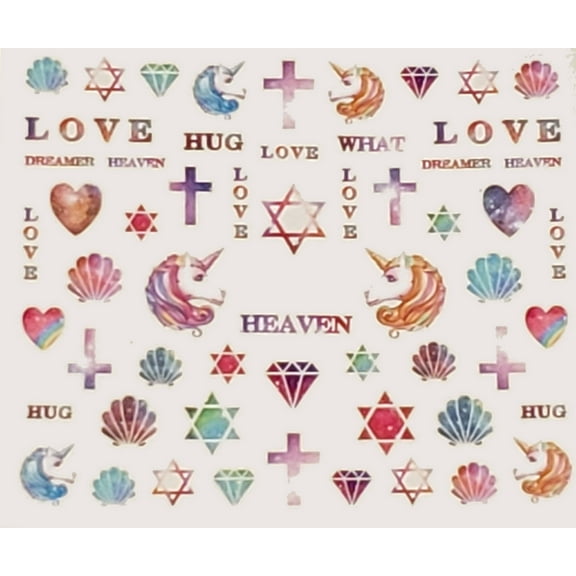 Watercolor iridescent unicorn, love, hearts, diamonds symbols nail art water decals fingernail art .