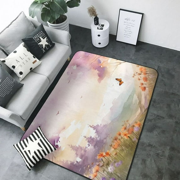 Watercolor lavender butterfly Print Washable Rugs Area Rugs for Living Room Large Bedroom Kitchen Rug Non-Slip Low-Pile Entryway Rug Floor Mat Carpet for Dining Laundry Room Office Rug 80x58 inch