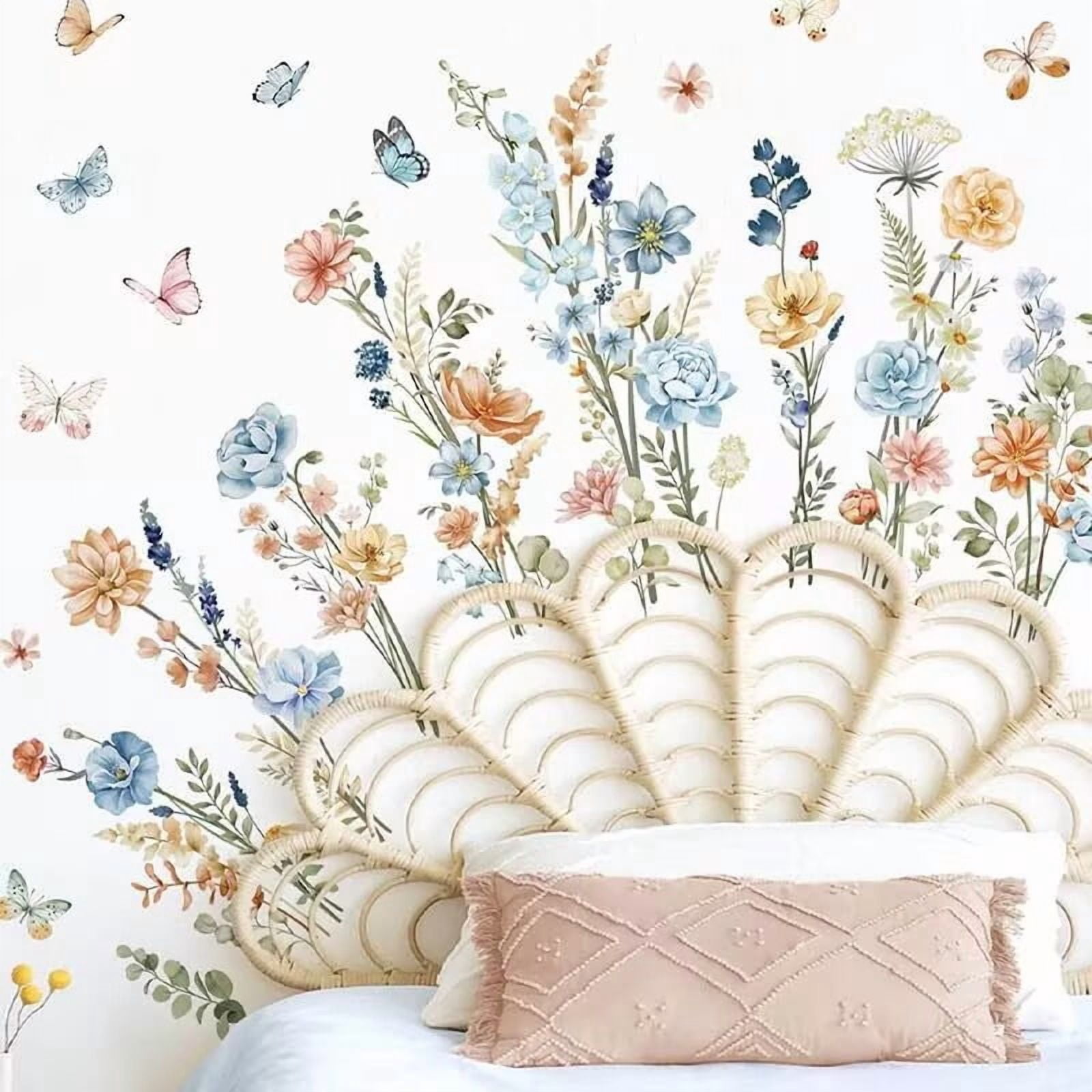 Watercolor plant stickers, flower wall stickers, butterfly wall stickers，Living Room DIY transparent stickers Peel and Stick Removable Home Decor Bedroom Sofa TV Wall Art Decoration