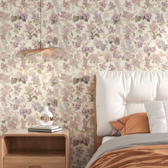 Watercolor purple lilac floral wallpaper.Elegant vintage botanical style.Suitable for indoor wall or cabinet.Soft pastel artistic texture.