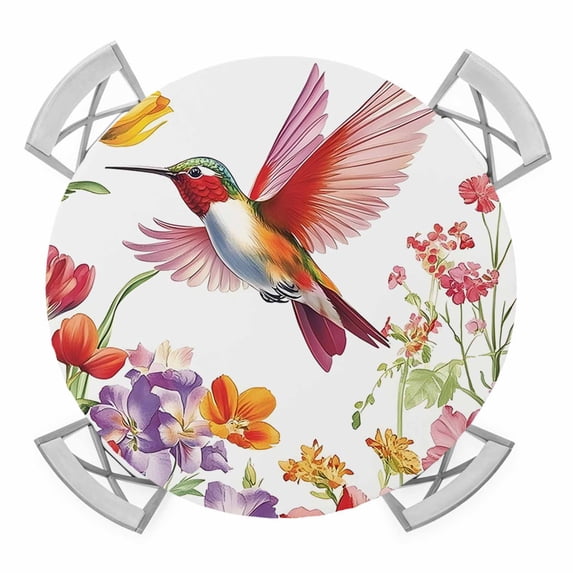 Watercolors Bird Flower Elastic Fitted Round Table Cover Orange Floral Plant Waterproof Outdoor Tablecloth for Holiday Party, Picnic, Patio & Dining Fits Tables Up to 55"-60"