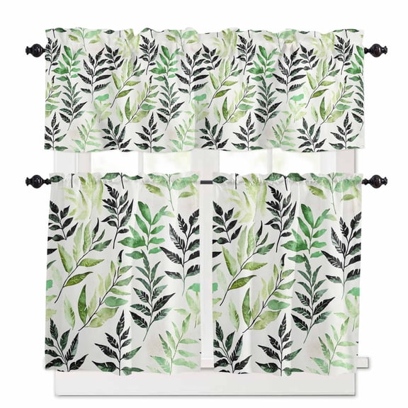 Watercolors Black Green Leaf Kitchen Curtains Valances and Tiers Set of 3, 24 Inch Length Tier Curtains and Valance Rod Pocket Valance Curtains Set for Kitchen Bathroom Small Windows