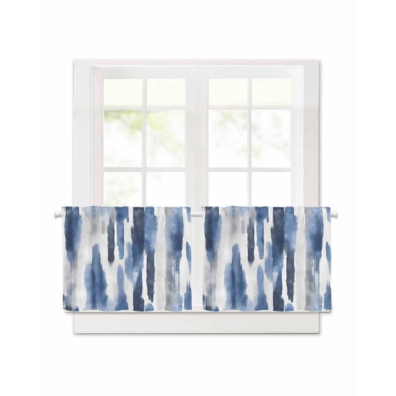 Watercolors Blue White Short Blackout Curtains 24 Inch Long Abstract Painting Rod Pocket Kitchen Curtains, 2 Panels Thermal Insulated Room Darkening Drapes for Bedroom, 42"W x 24"L
