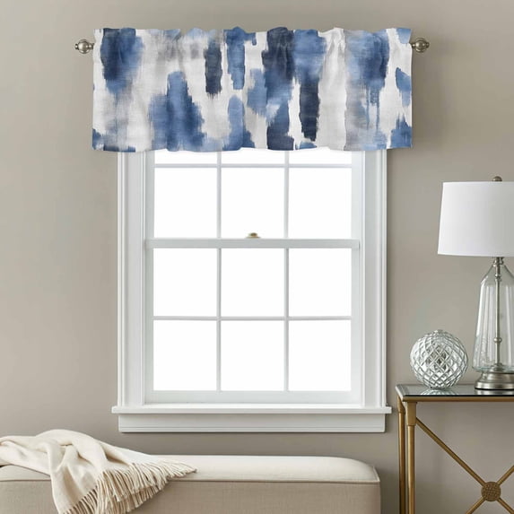 Watercolors Blue White Window Valance for Kitchen, Abstract Painting Rod Pocket Short Curtain for Small Windows, Light Filtering Decorative Valance, 54 x 18 Inch, 1 Panel