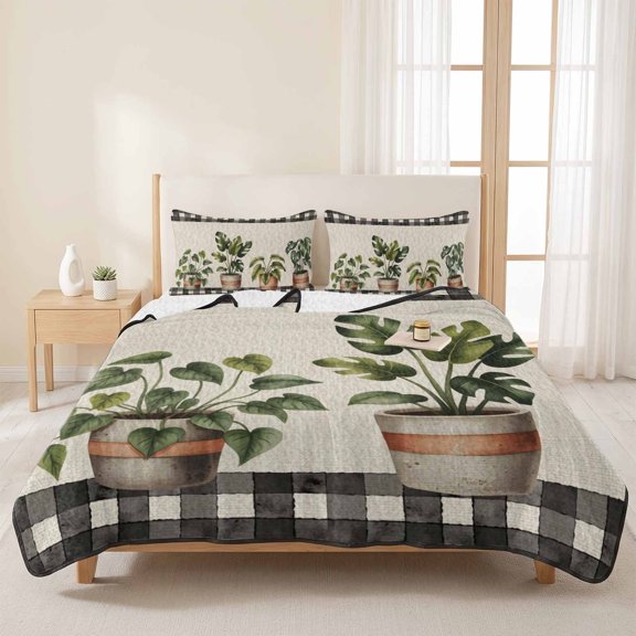 Watercolors Pots Green Leaves on Linen 3 Pieces Quilt Set,1 Quilt with 2 Shams,Black Plaid Lattice Bedspread Soft Lightweight Bedding Coverlet Comforter Set for All Season 96"x106"