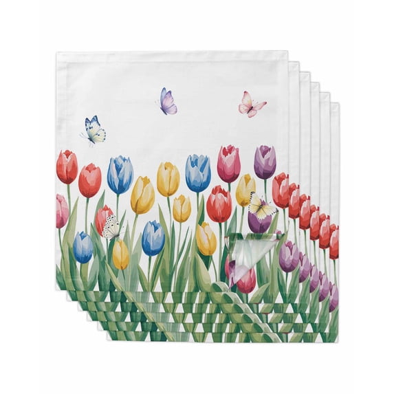 Watercolors Tulips Cloth Napkins Set of 6 Reusable Dinner Napkins, Spring Butterflies Flowers Leaves Plants Cocktail Napkin Washable Table Napkins for Wedding/Holiday Party/Baby Shower 20"x20"