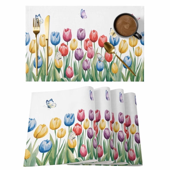 Watercolors Tulips Placemats Set of 12, Spring Butterflies Flowers Leaves Plants Placemats for Dining Table, Place Mats for Kitchen Tabletop, Waterproof Wipeable Dining Table Mats Set