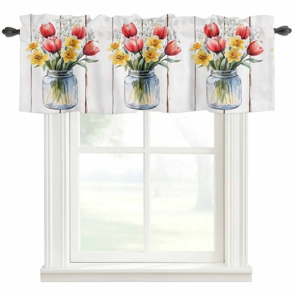Watercolors Yellow Red Flowers Window Valance Curtain Wood Grain Rod Pocket Short Curtain for Living Room, Bedroom & Kitchen Window Decor 54x18in