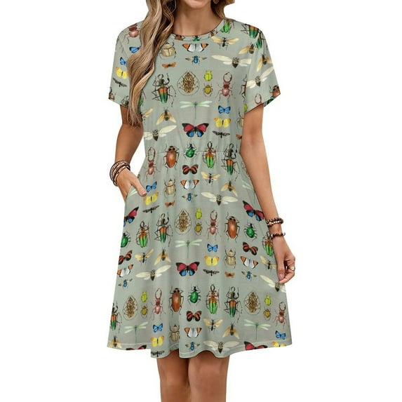 Watercolour Bugs Pattern Dress Fashion Beach Short Sleeve Dresses Female Party Printed Sundress