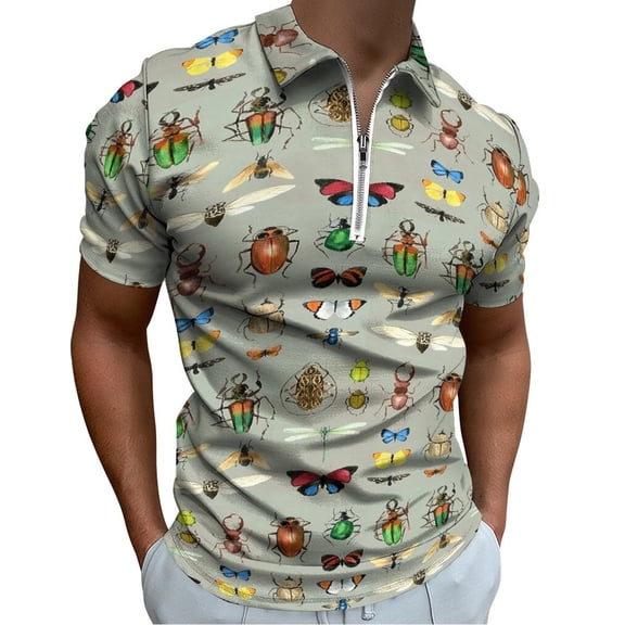 Watercolour Bugs Pattern Men Zipper T-shirt Summer Casual Short Sleeve T-shirt Top