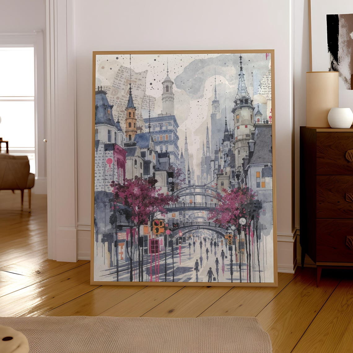 Watercolour Cityscape Wall Art Print, Urban Architecture With Cherry ...