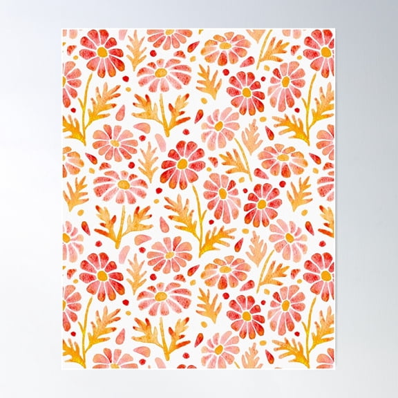 Watercolour Daisies, Red And Orange Poster Wall Art, Modern Wall Decor For Living Room Bedroom, 8x12 UNFRAMED