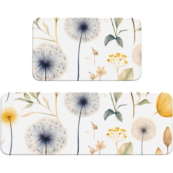 Watercolour Dandelion Kitchen Mats for Floor, Wildflower Kitchen Rug Runner Non-Slip Kitchen Mats and Rugs 2PCS Absorbent Standing Mats for Office Desk Sink