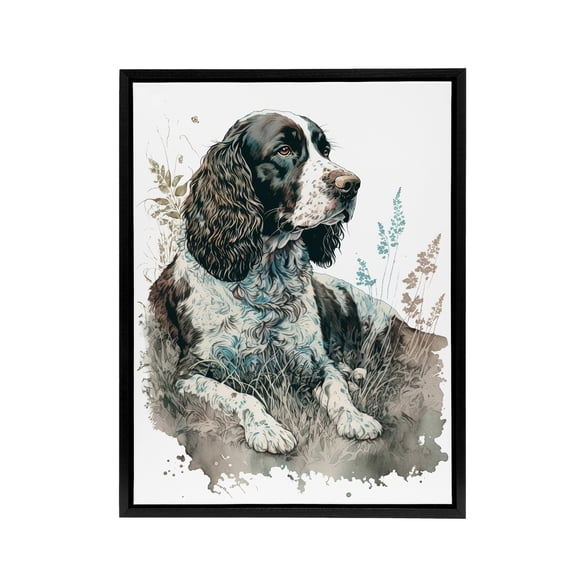 Watercolour English Springer Spaniel Dog Black Framed Canvas Art Print 18X24"
