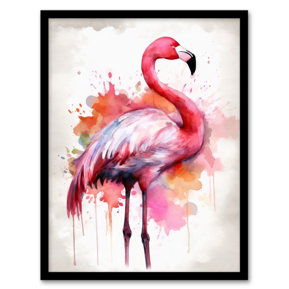 Watercolour Flamingo Pink Ink Splat Design Watercolour Artwork Framed Wall Art Print A4