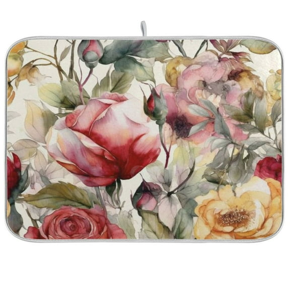 Watercolour Flowers Dish Drying Mat Microfiber Kitchen Mats Large Counter Absorbent Dish Pad Drainer Rack 18"x24"