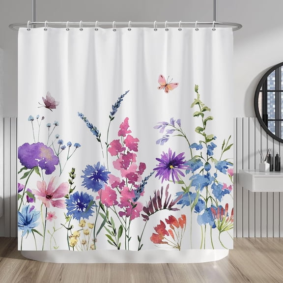 Watercolour Flowers Shower Curtain Set Colourful Blossom Floral Butterfly Flying Bathroom Shower Decor Accessory Set Home Decor Waterproof Polyester Fabric 72x72 Inches Set with Hooks