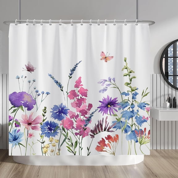 Watercolour Flowers Shower Curtain Set Colourful Blossom Floral Butterfly Flying Bathroom Shower Decor Accessory Set Home Decor Waterproof Polyester Fabric 84x72 Inches Set with Hooks