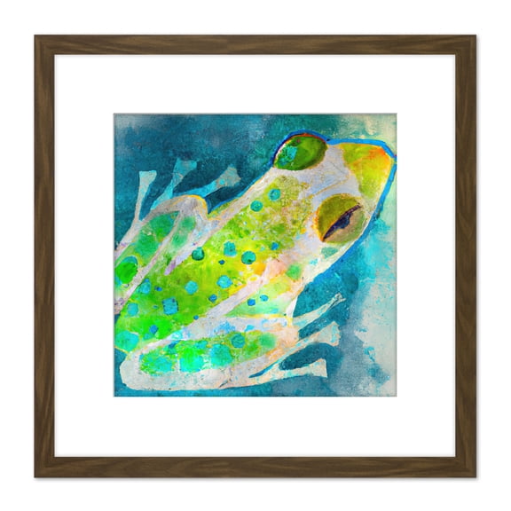 Watercolour Frog Toad Pond Lake Blue Green Painting Square Wooden Framed Wall Art Print Picture 8X8 Inch