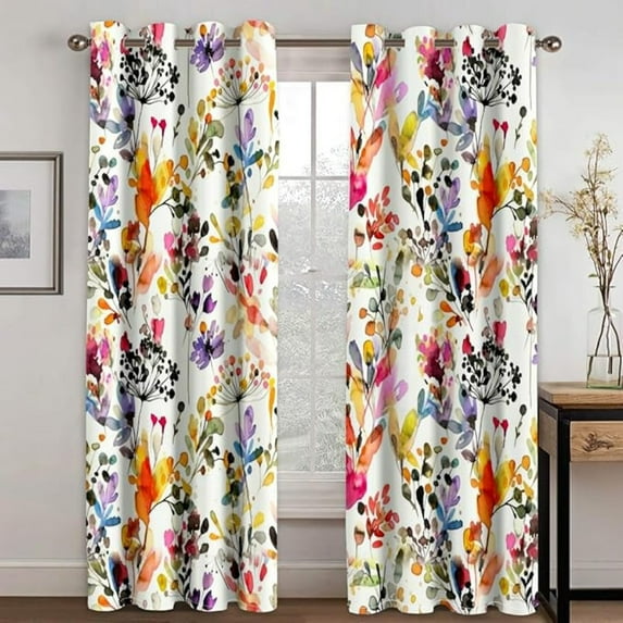 Watercolour Leaves Blackout Curtains Boho Floral Plant Design Thermal Insulated Drapes Abstract Multicolor Leaf Bohemian Pattern Window Treatment For Bedroom Living Room 53"W x 63"L (Pack of 2)