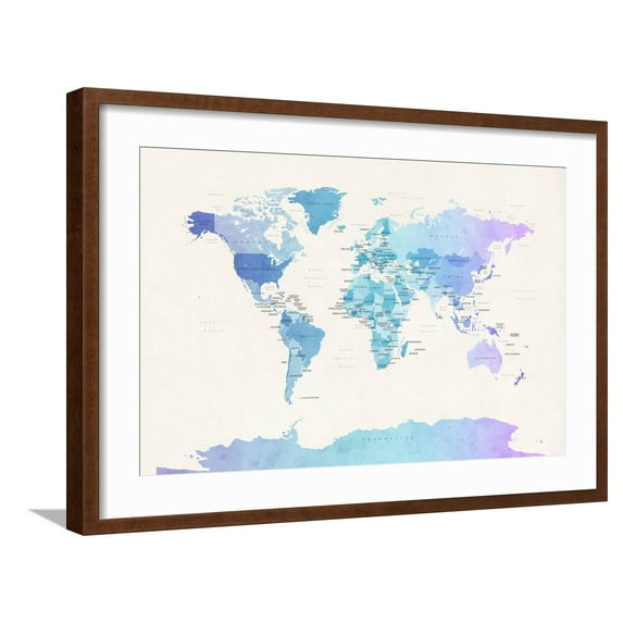 Art.com Watercolour Political Map of the World Art Print by Michael Tompsett, Brown Frame Wall Art, 29" x 21"