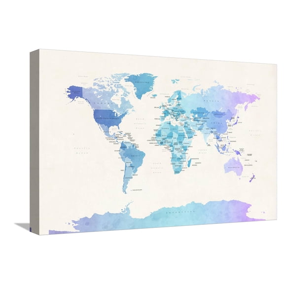 Art.com Watercolour Political Map of the World Stretched Canvas Print Wall Art by Michael Tompsett, 24" x 16"
