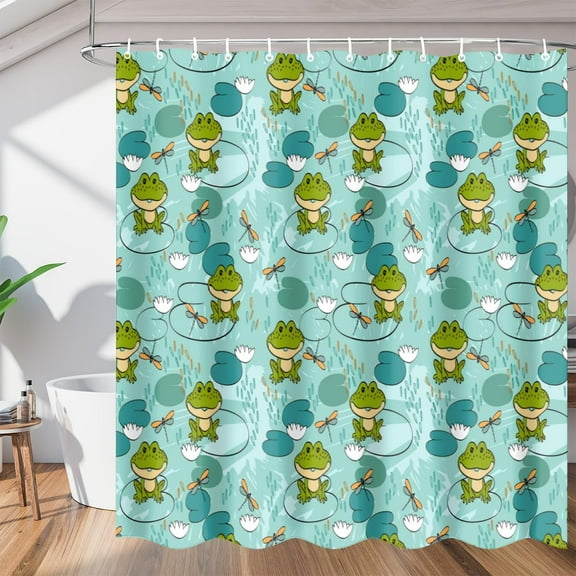 Watercolour Pond Frog Dragonfly Shower Curtain Fabric Shower Curtain Set with 12 Hooks Waterproof 72 * 72 Inches for Bathroom Beach Caravan Hotel