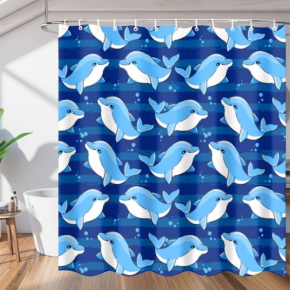 Watercolour Striped Dolphin Shower Curtain Fabric Shower Curtain Set with 12 Hooks Waterproof 72 * 72 Inches for Bathroom Beach Caravan Hotel