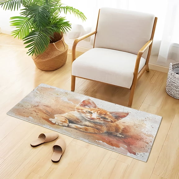 Watercolour Style Cat Plush Carpet Non Slip Runner Rug Absorbent Bath Mat 39" x 20"