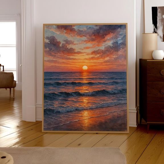 Watercolour Sunset, Ocean Print, Serene Beach Sunset Wall Art, Waves, Home Decor #2611, Unframed Poster Size 8x12