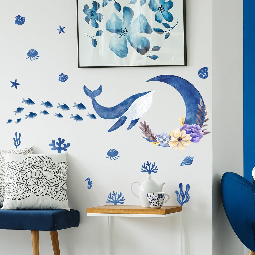 Watercolour Underwater Ocean Sea World Whale Wall Decals Stickers Room ...