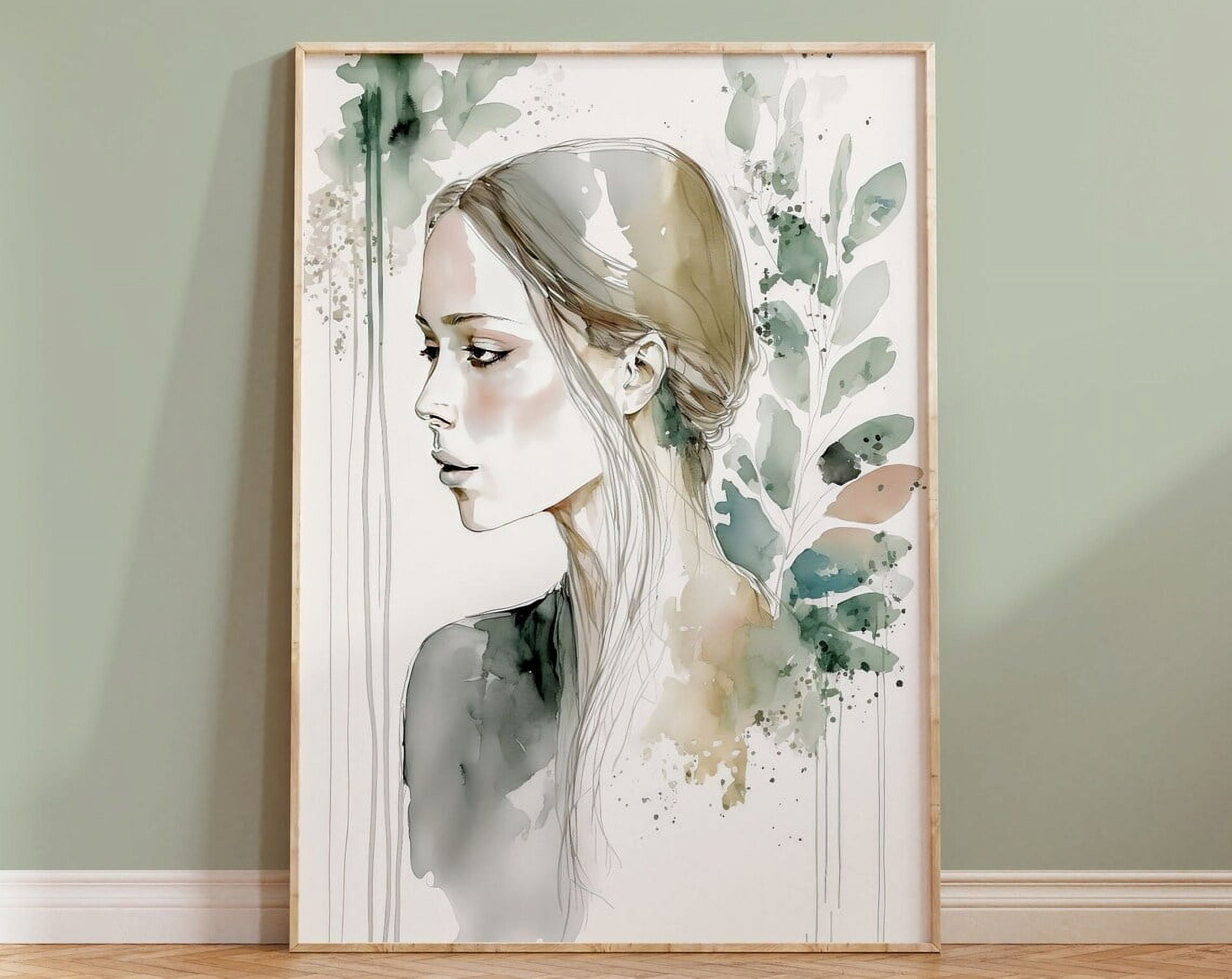 Watercolour Wall Art Woman Portrait Print Floral Boho Flowers Simple ...