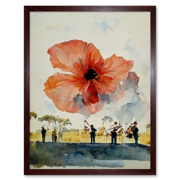 Watercolour War Memorial Remembrance Day Poppy Brass Band Art Print Framed Poster Wall Decor 12x16 inch