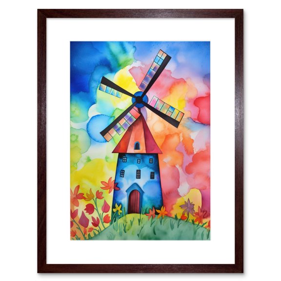 Watercolour Windmill Netherlands Folk Art Artwork Framed Print Wall Art 9X7 Inch