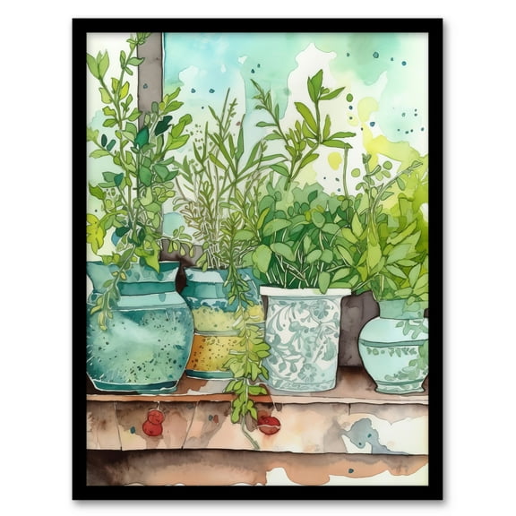 Watercolour Windowsill Plant Pots Shelf Folk Art Painting Bright Kitchen Artwork Art Print Framed Poster Wall Decor 12x16 inch