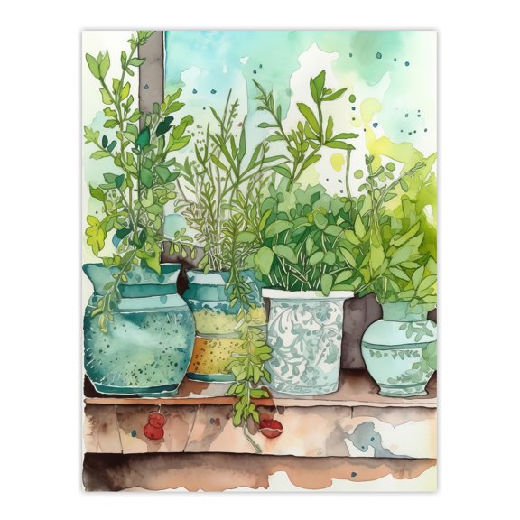 Watercolour Windowsill Plant Pots Shelf Folk Art Painting Bright Kitchen Artwork Large Wall Art Poster Print Thick Paper 18X24 Inch