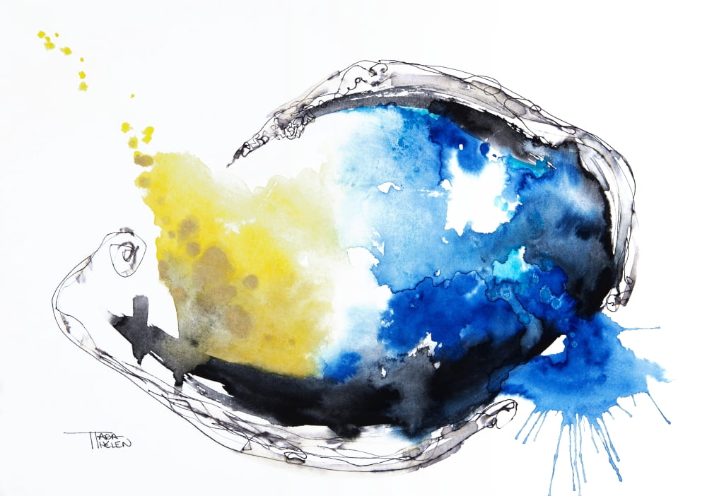 Watercolour abstract painting with a fish shape Canvas Art - Tara Thelen Design Pics (34 x 24)