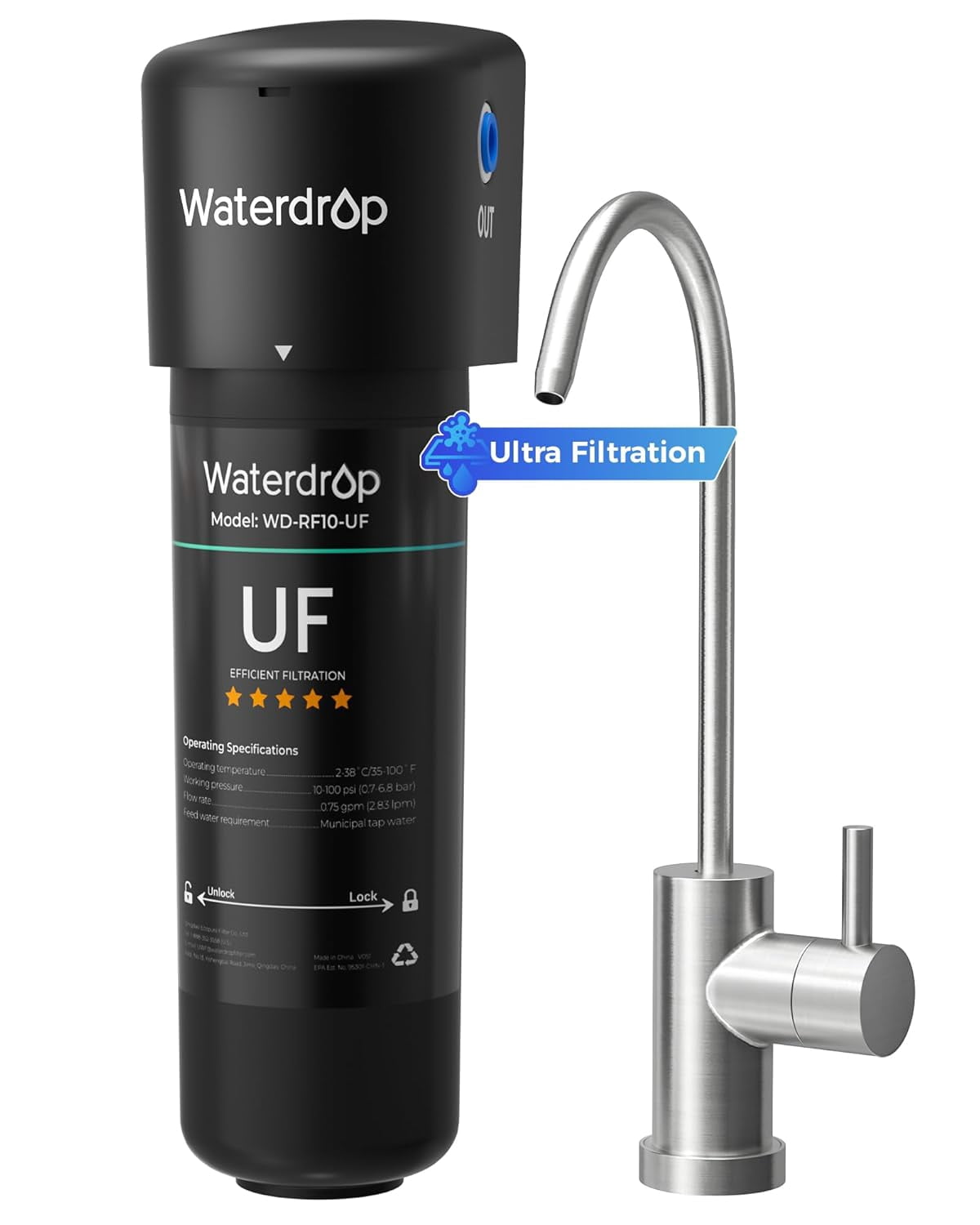 Waterdrop 10UB-UF 0.01 μm Ultra Filtration Under Sink Water Filter System, Reduces Lead, Chlorine, Bad Taste & Odor, 1 Year