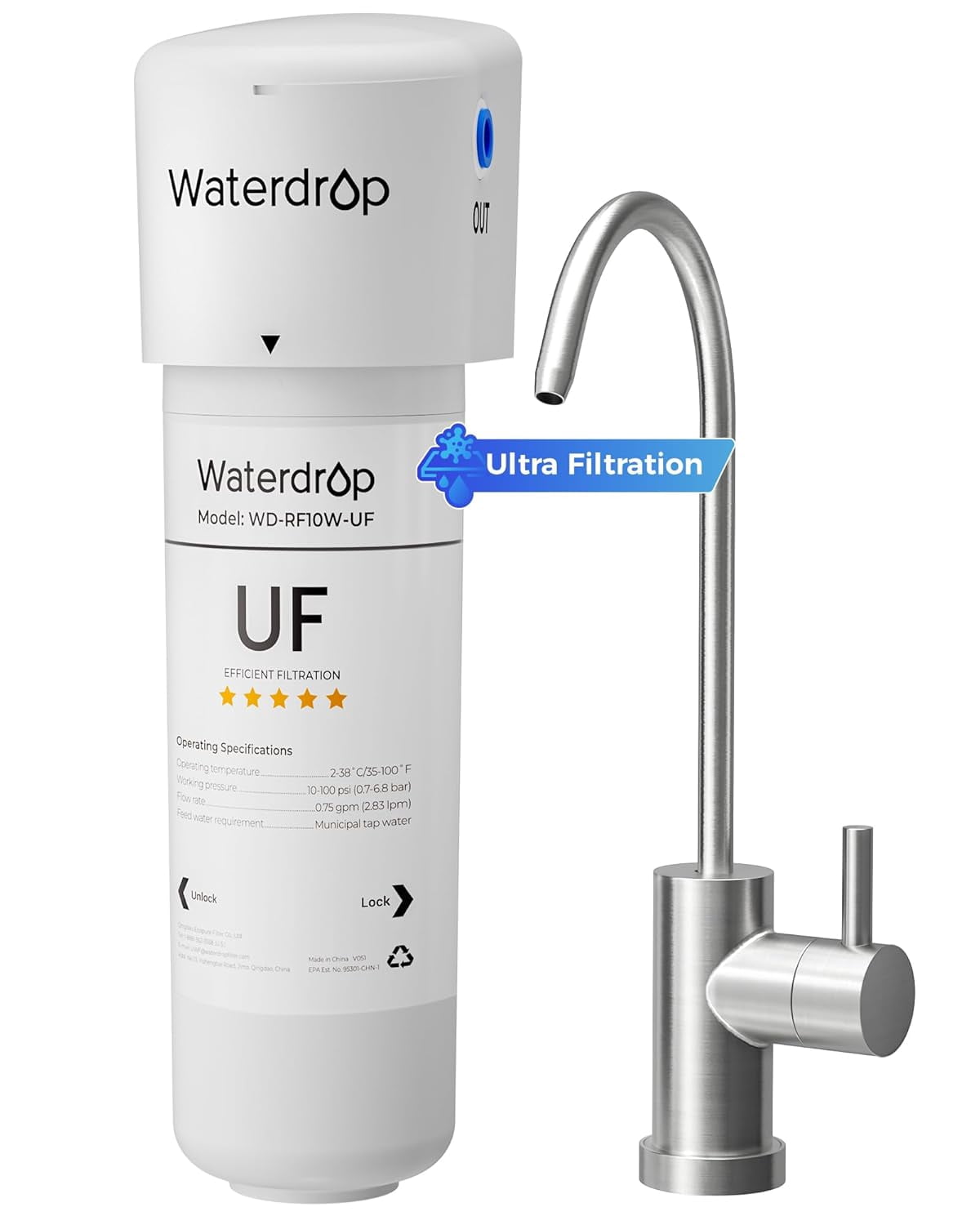 Waterdrop 10UBW-UF 0.01 μm Ultra Filtration Under Sink Water Filter System, Reduces Lead, Chlorine, Bad Taste & Odor, 1 Year