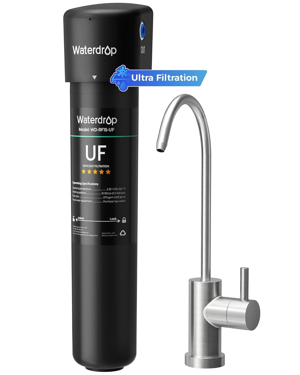 Waterdrop 15UB-UF Under Sink Water Filter System, 0.01 Micron Ultra Filtration Under Counter Drinking Water Filtration System, with Dedicated Brushed Nickel Faucet, 16K High Capacity, USA Tech